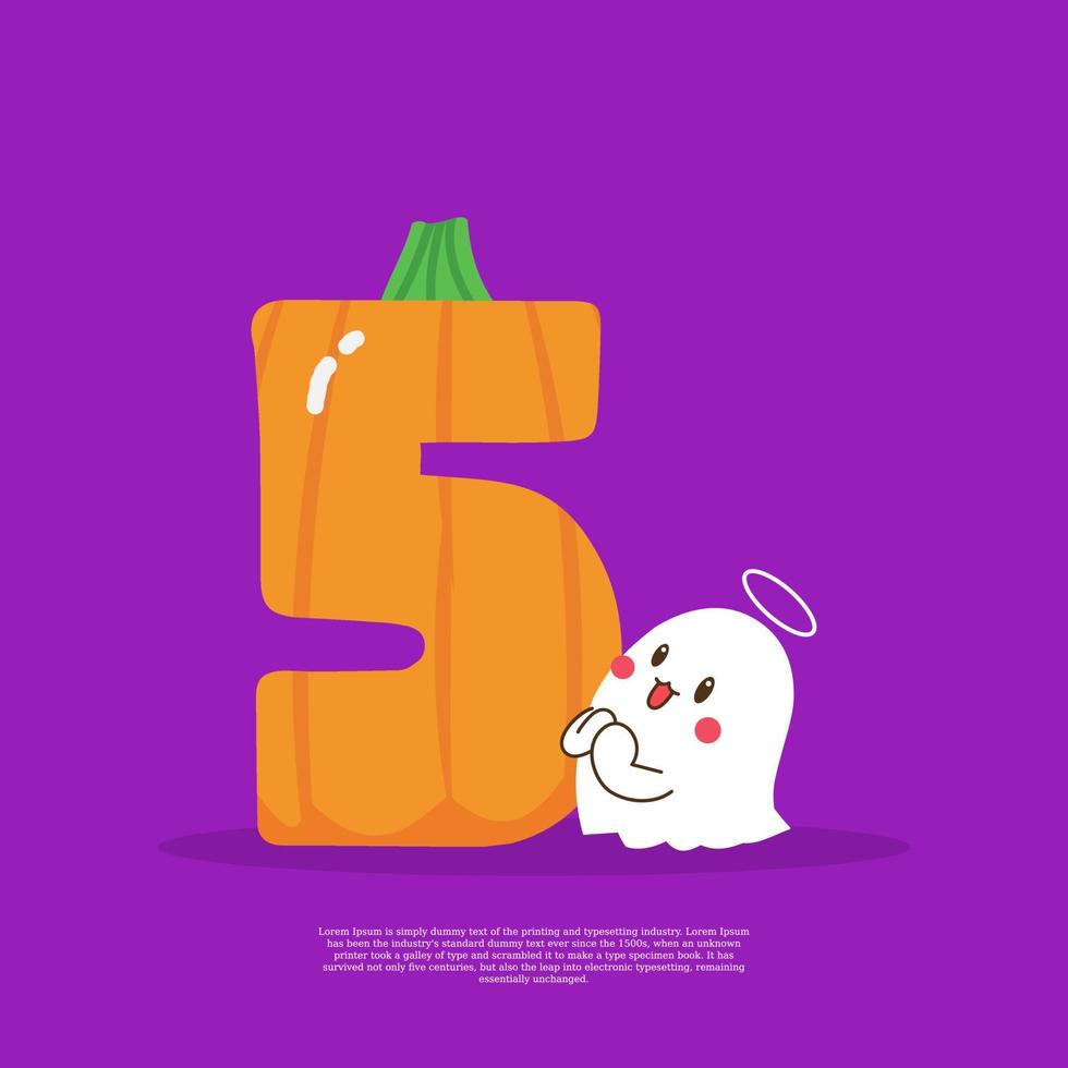 Pumpkin plus number 5 with cute ghost emoji sticker beside it vector illustration