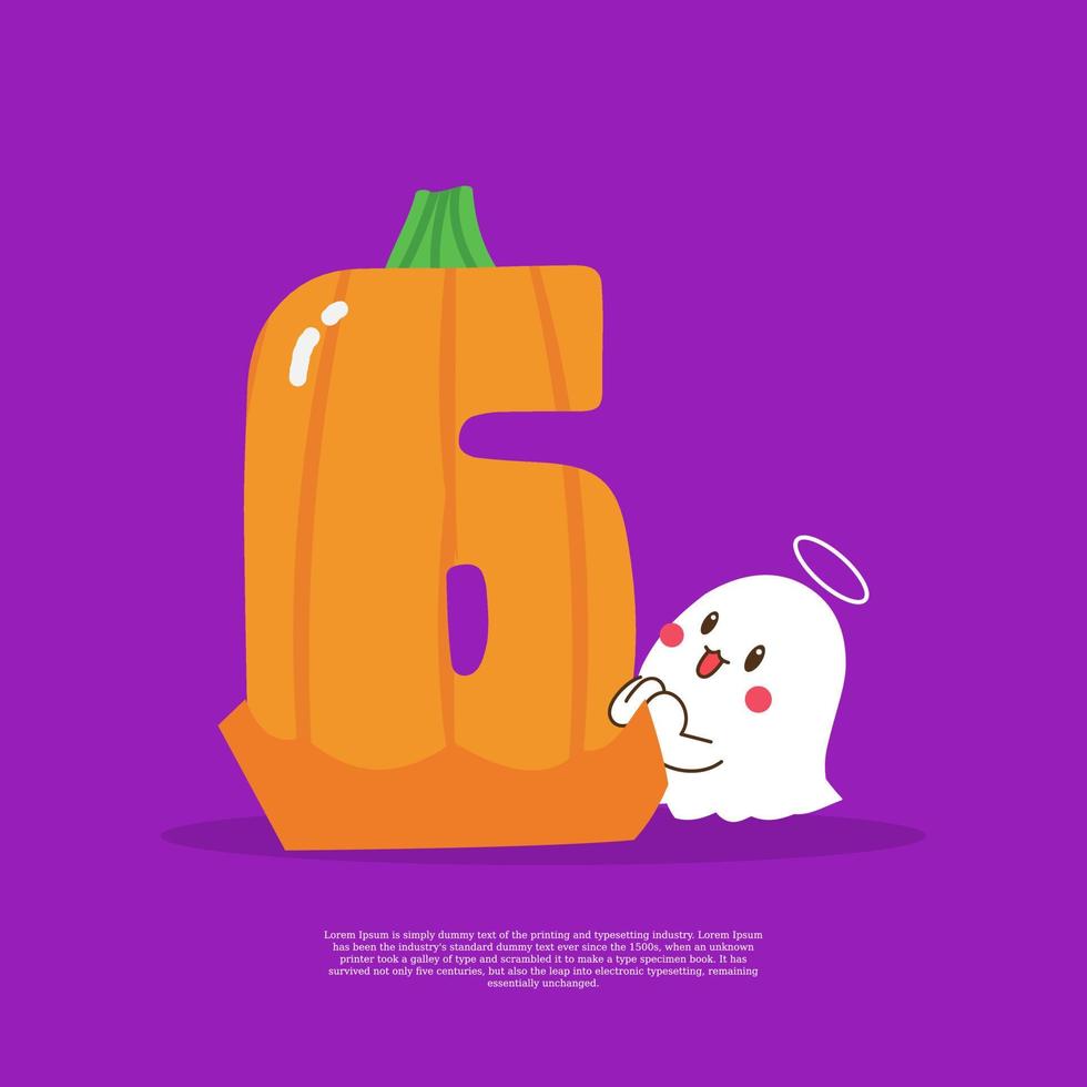 Pumpkin plus number 6 with cute ghost emoji sticker beside it vector illustration