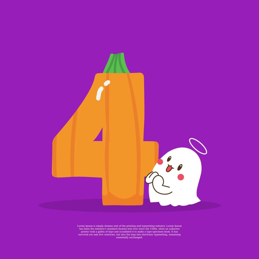 Pumpkin plus number 4 with cute ghost emoji sticker beside it vector illustration