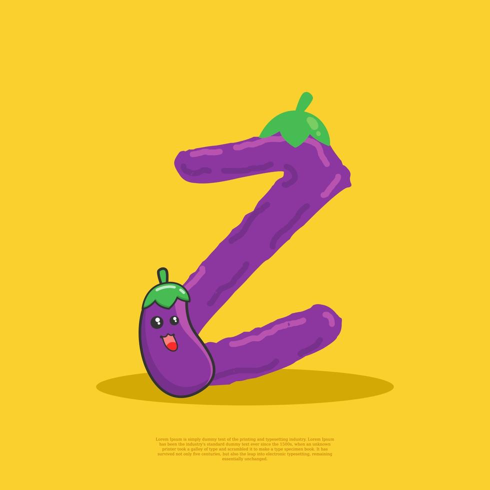 Letter Z with cute eggplant sitting beside it. flat design vector