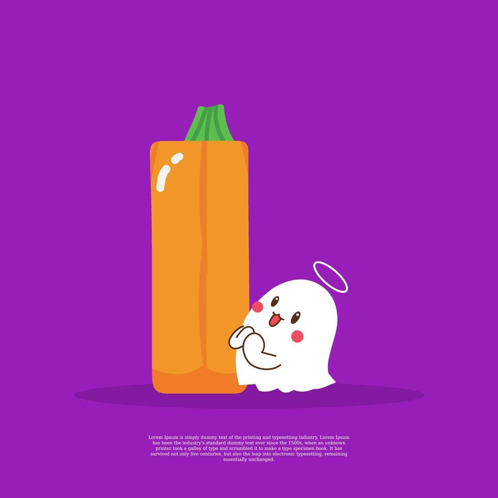 Pumpkin plus letter I with cute ghost emoji sticker beside it vector illustration.