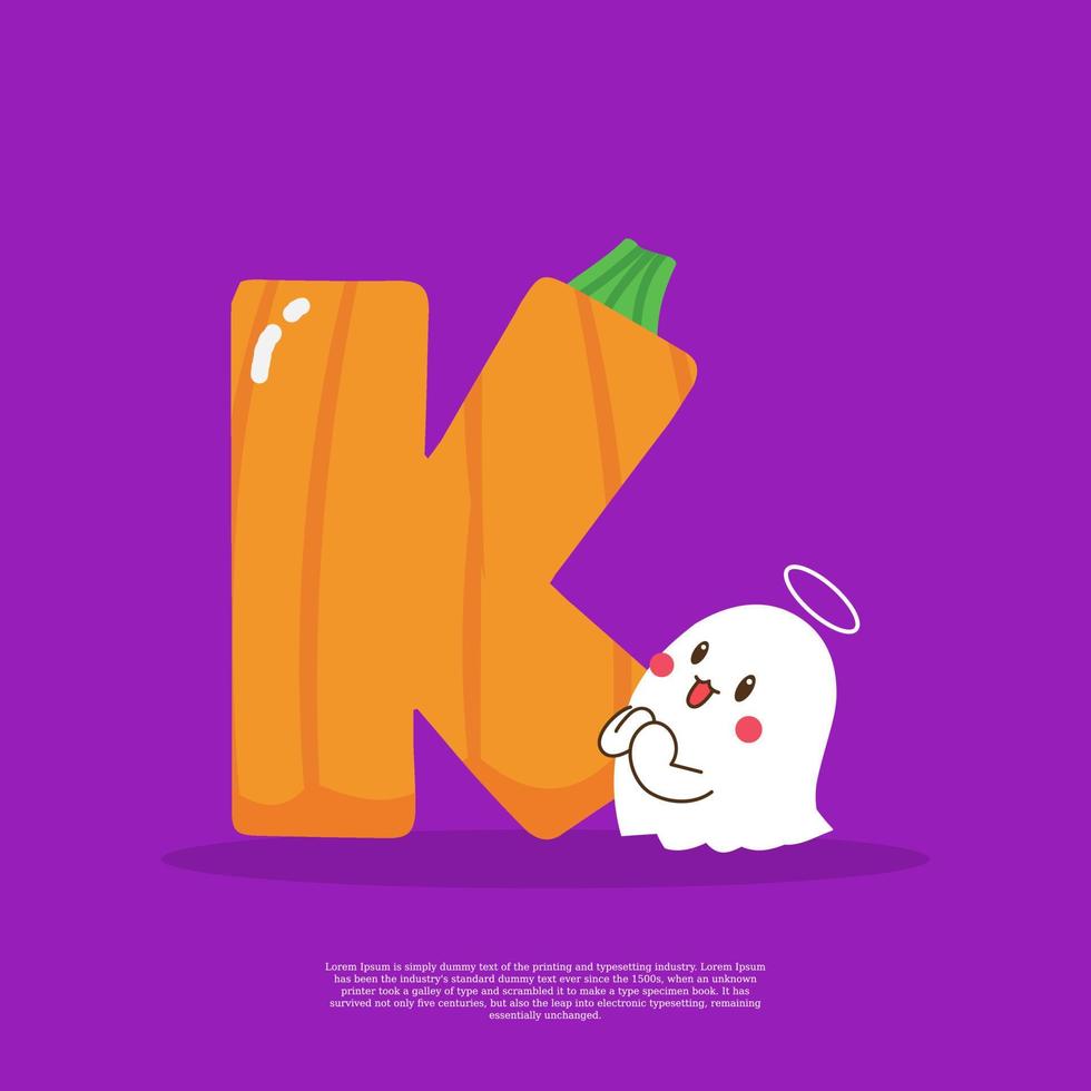 Pumpkin plus letter K with cute ghost emoji sticker beside it vector illustration.