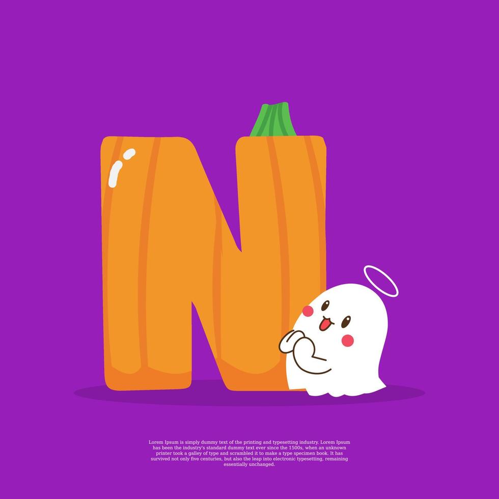 Pumpkin plus letter N with cute ghost emoji sticker beside it vector illustration.