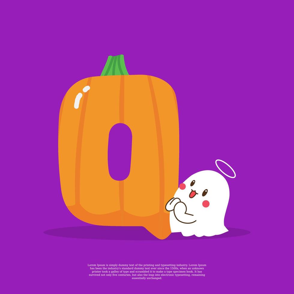 Pumpkin plus letter Q with cute ghost emoji sticker beside it vector illustration.