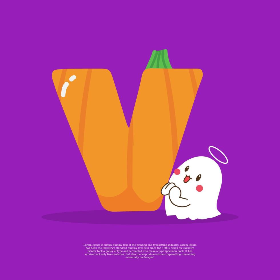 Pumpkin plus letter V with cute ghost emoji sticker beside it vector illustration.