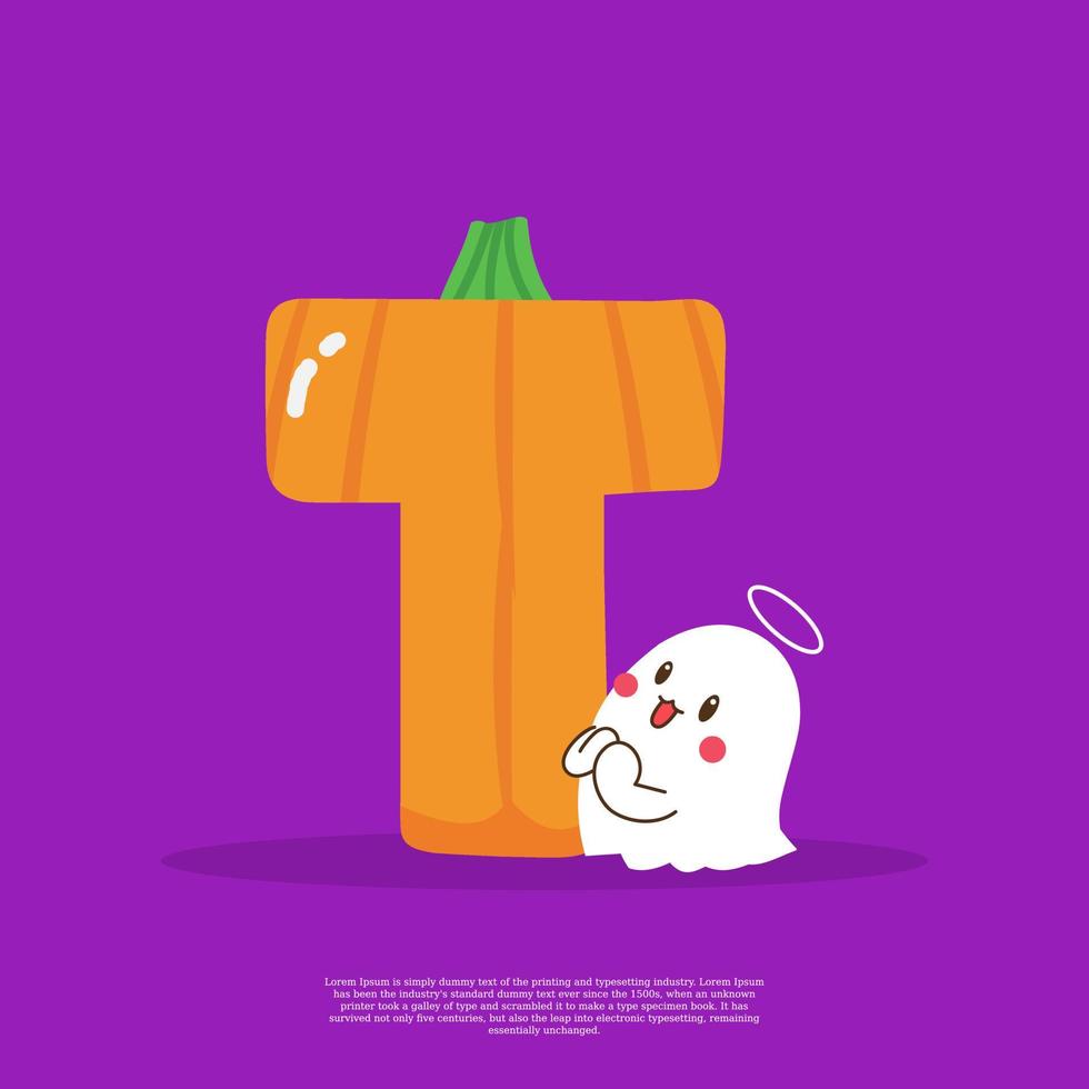 Pumpkin plus letter T with cute ghost emoji sticker beside it vector illustration.