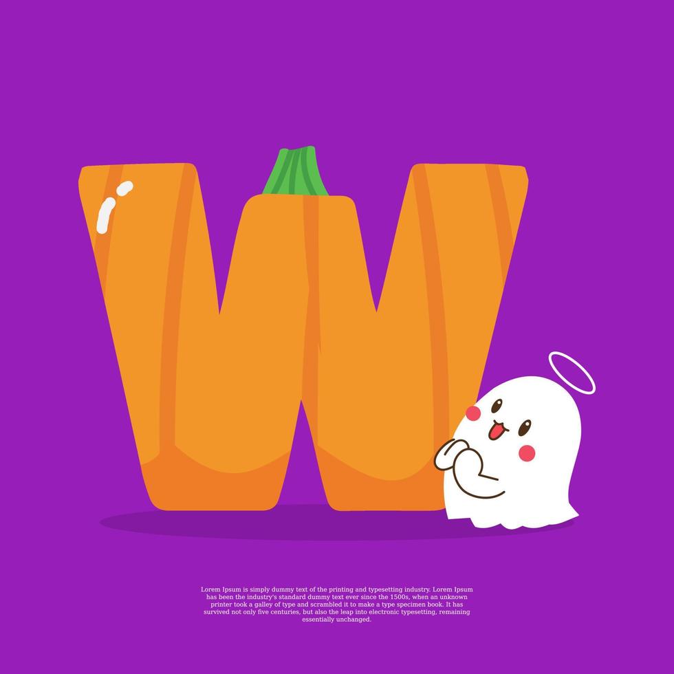 Pumpkin plus letter W with cute ghost emoji sticker beside it vector illustration.