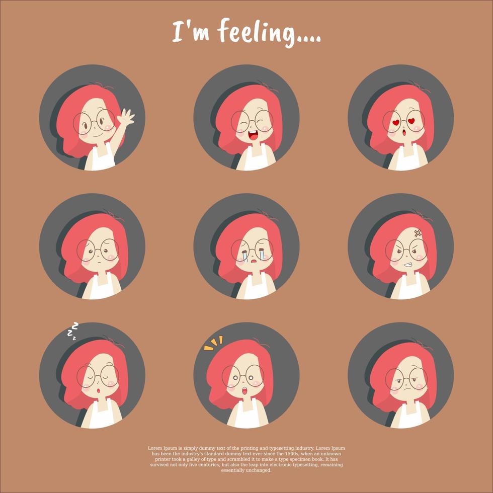 dibujos animados de expresiones faciales de mujer joven vectorial. conjunto de emociones de la mujer. expresión facial. avatar de niña. ilustración vectorial de un diseño plano vector