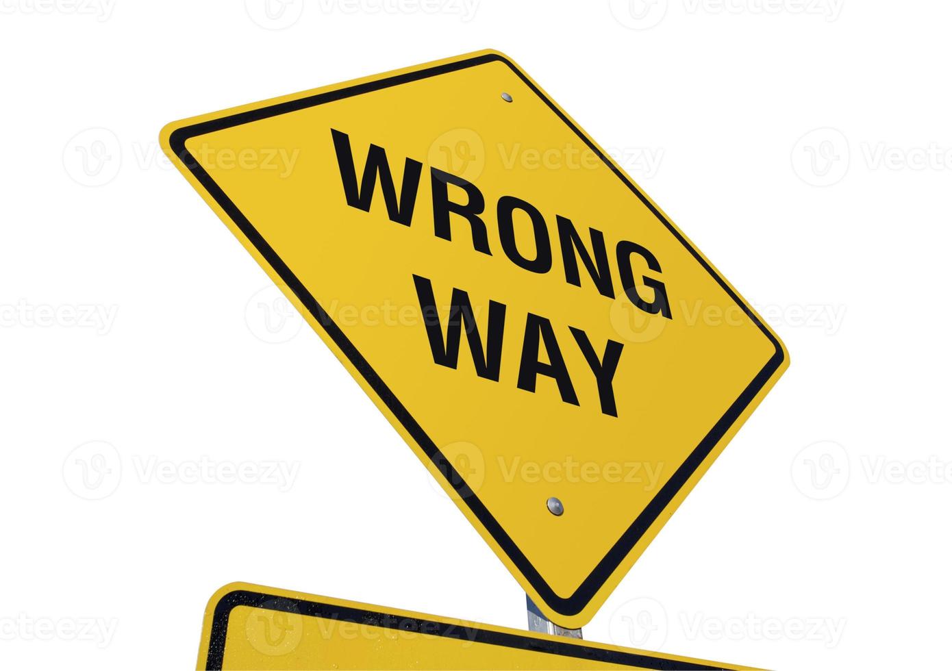 Yellow Wrong Way Road Sign Isolated on White photo