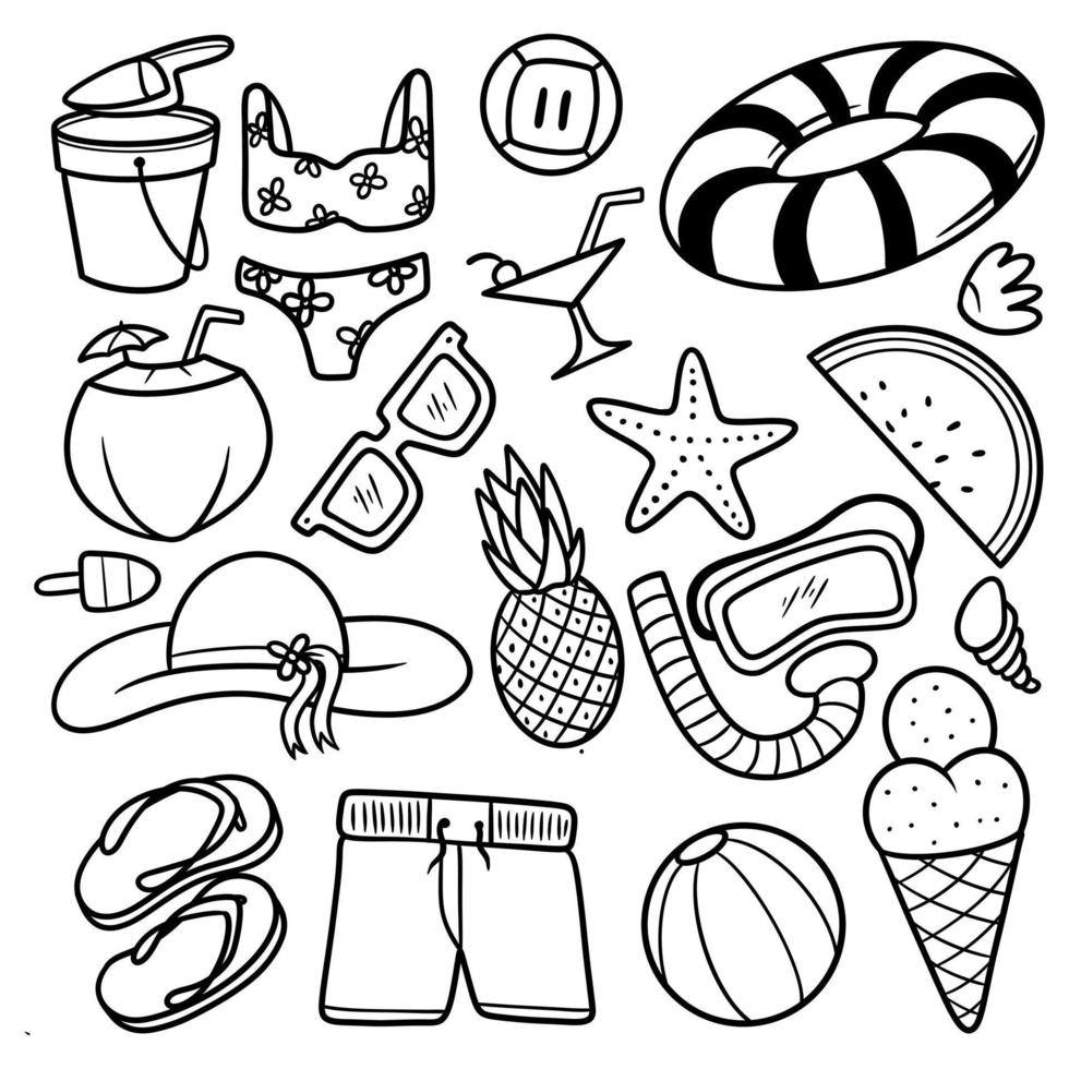 Doodle Set Summer Beach icons Line Art Vector Illustration 16298273 ...