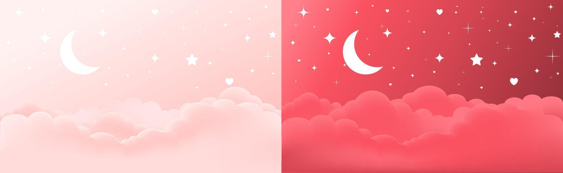 nubes de cielo rosa y rojo vectorial con luna y estrellas brillantes, hermoso diseño de fondo del día de san valentín vector