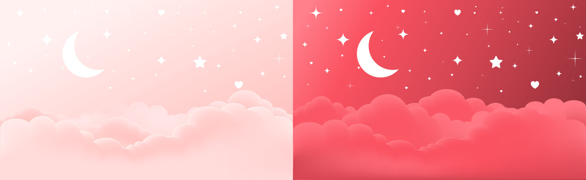 Vector pink and red Sky Clouds with moon and stars shiny, Valentines day beautiful background