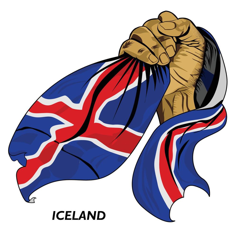 Fisted hand holding Icelandic flag. Vector illustration of Hand lifted and grabbing Icelanders flag. Flag draping around hand. Eps format