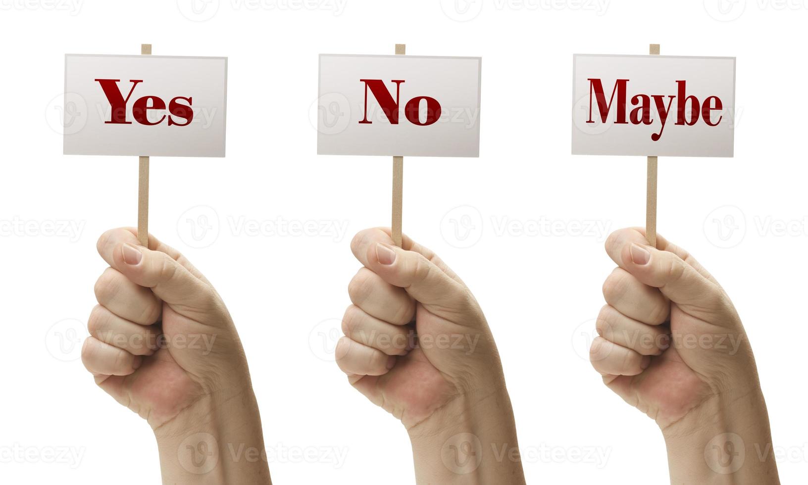 Three Signs In Fists Saying Yes, No and Maybe photo