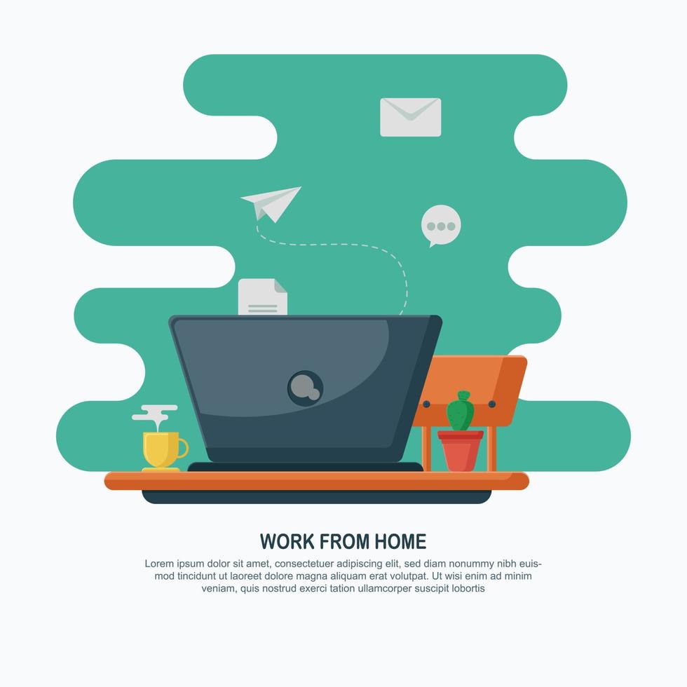 Work from home flat design. Cute work space with tiny cactus vector