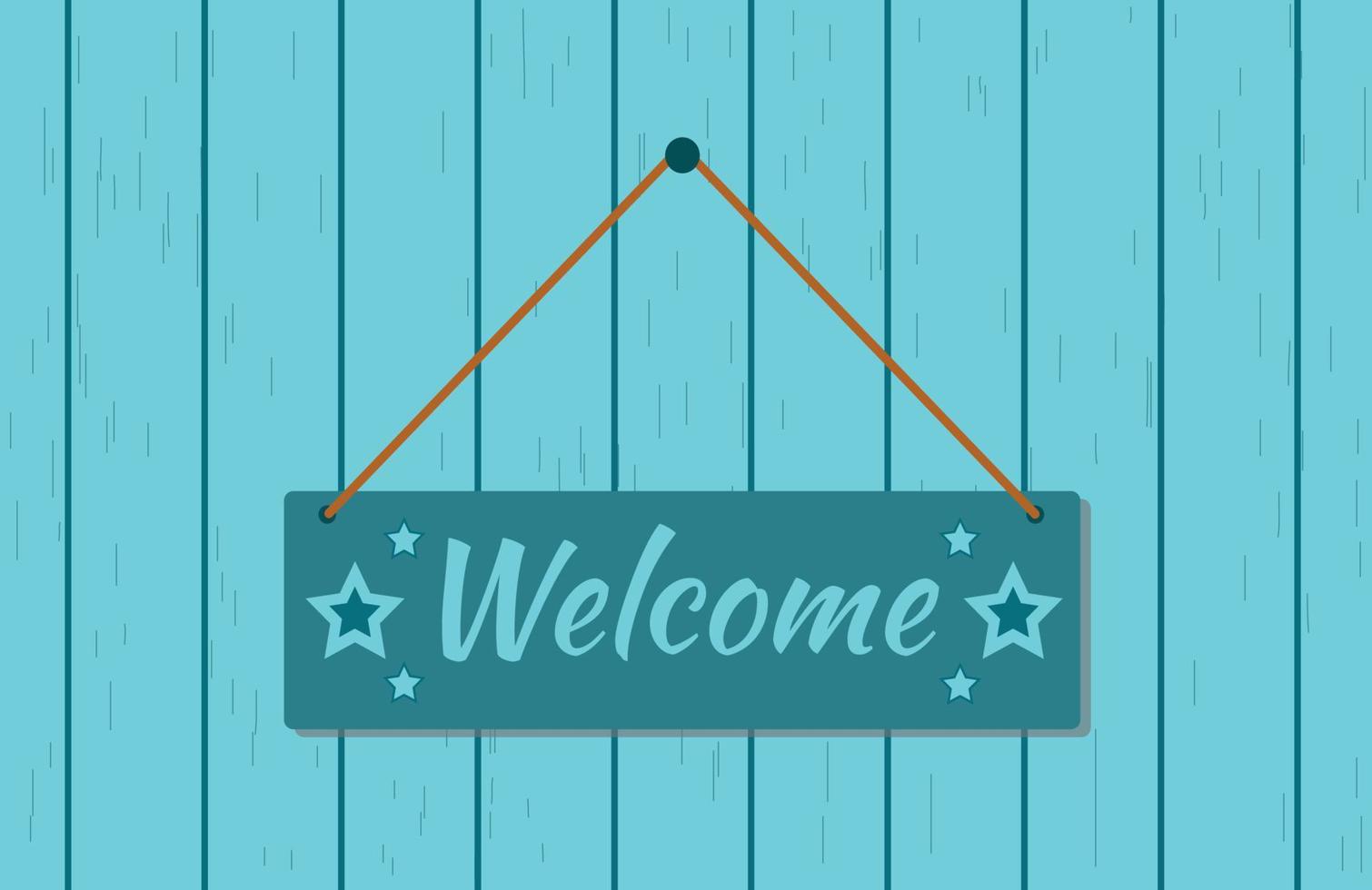 Welcome door sign hanging on rope on blue wooden wall. Welcome word on signboard decorated with stars. Vector illustration.