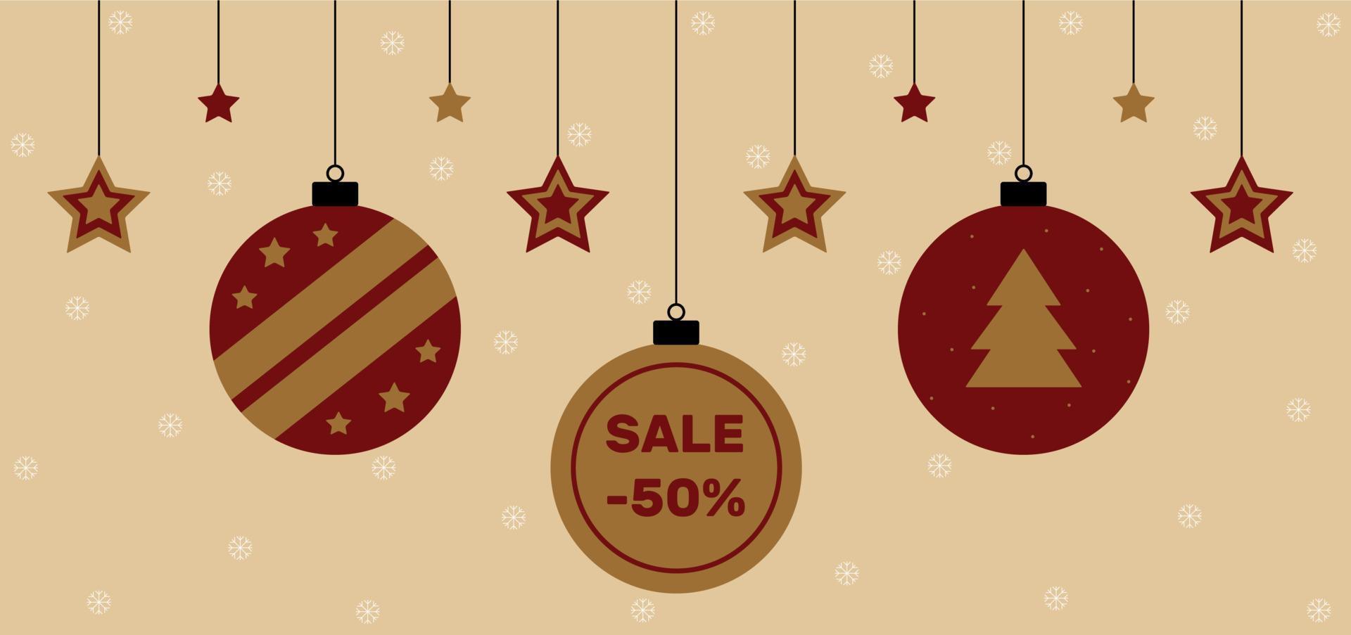 Christmas and New Year sale banner. Christmas balls and stars in gold and dark red colours on light golden background with snowflakes. Discount poster. Special offer. Vector illustration.