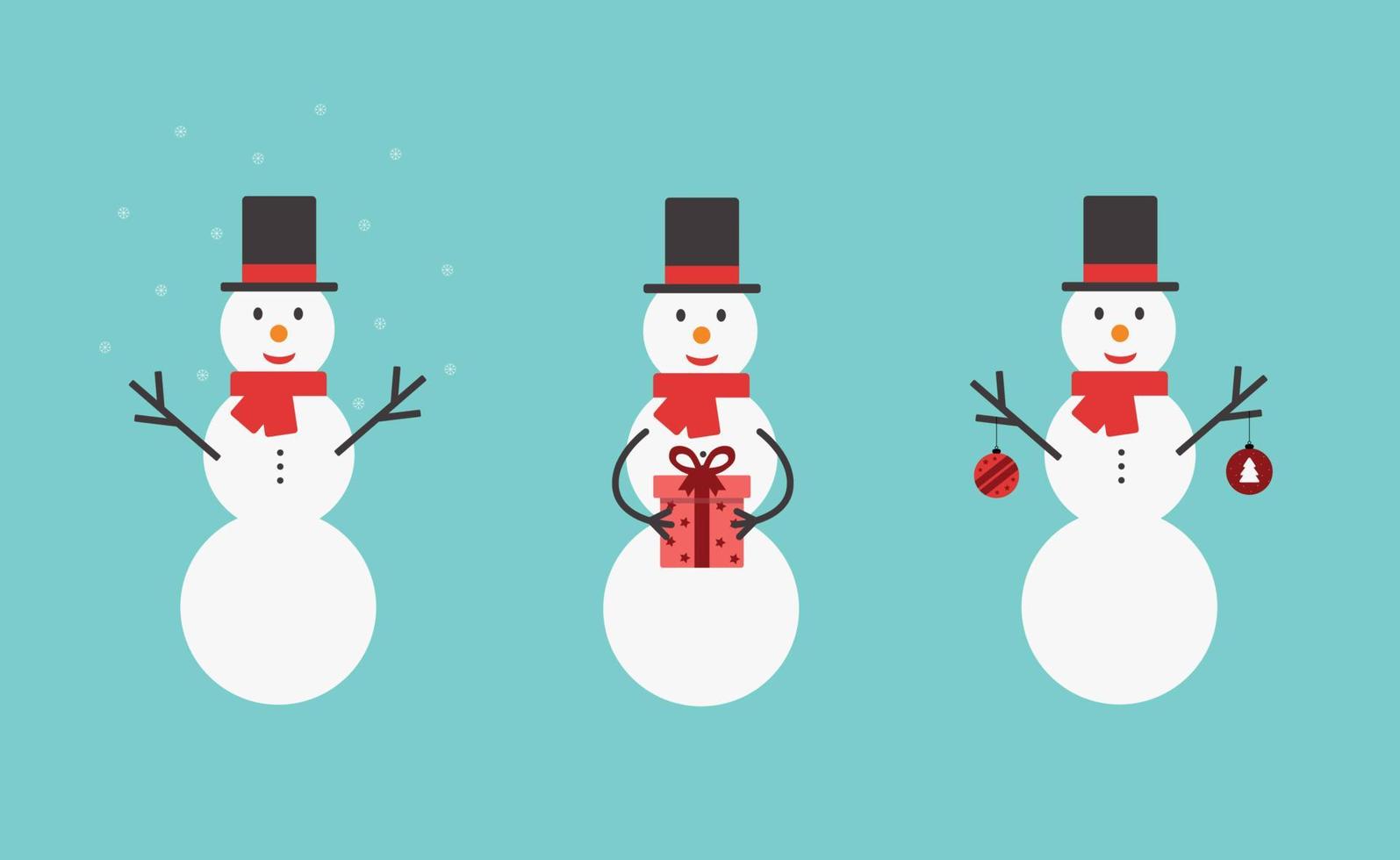 Snowman winter holidays set isolated on blue background. Three snowmen in hats and scarfs with snowflakes, gift box and Christmas balls. Christmas and New Year celebration. Vector illustration.