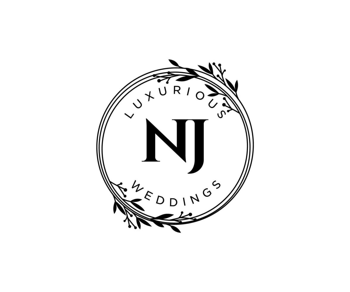 plantilla de logotipos de monograma de boda con letras iniciales de nj, plantillas minimalistas y florales modernas dibujadas a mano para tarjetas de invitación, guardar la fecha, identidad elegante. vector
