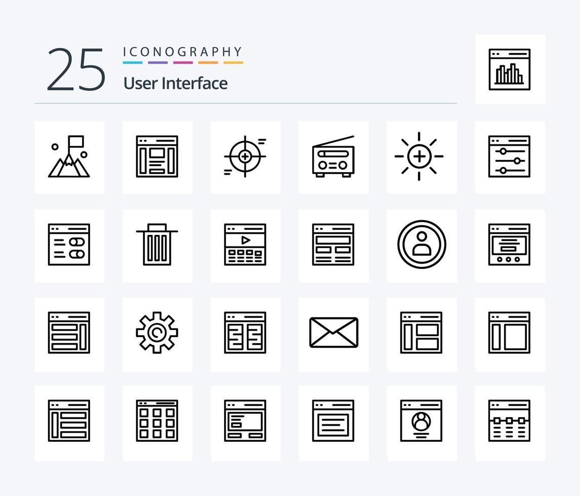 User Interface 25 Line icon pack including radio. device. right. target. reticle vector