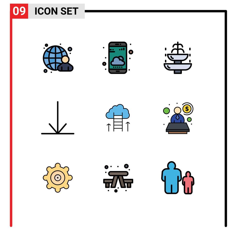 Pack of 9 Modern Filledline Flat Colors Signs and Symbols for Web Print Media such as dream career path fountain down tourist Editable Vector Design Elements
