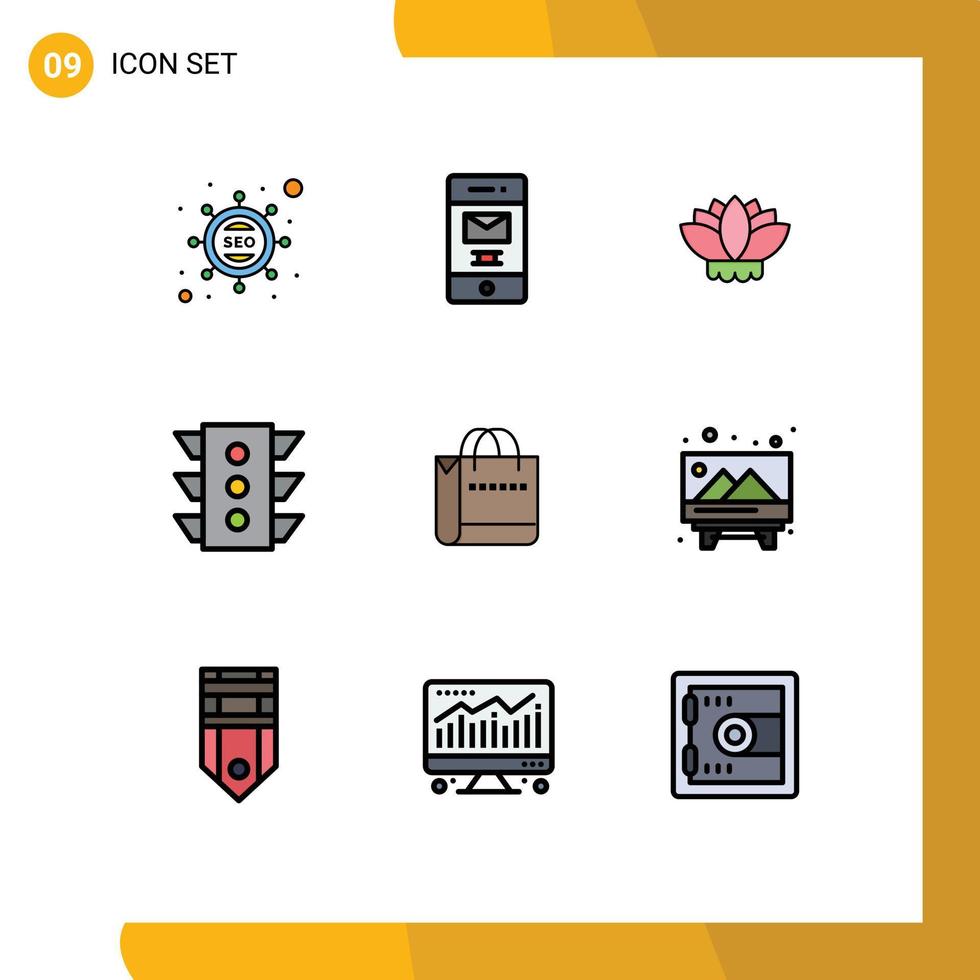 Filledline Flat Color Pack of 9 Universal Symbols of handbag rule flower navigation traffic Editable Vector Design Elements