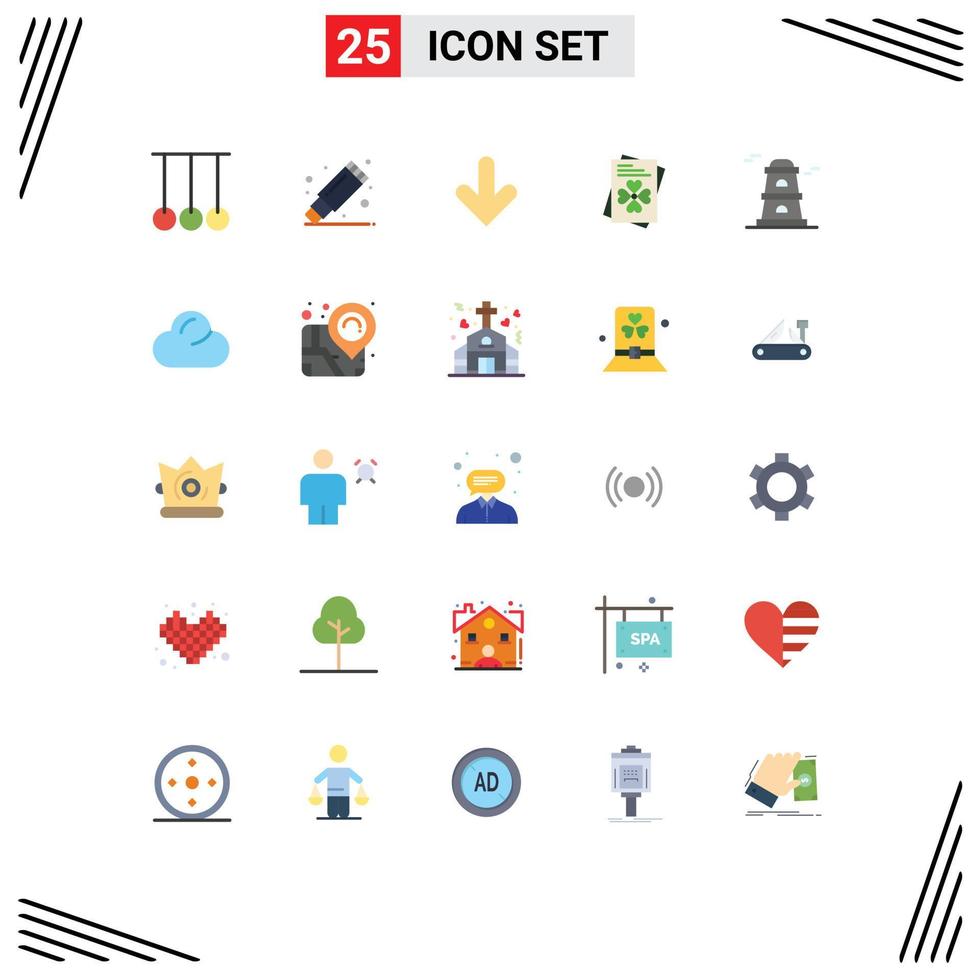 Mobile Interface Flat Color Set of 25 Pictograms of watchtower observatory arrow ireland passport Editable Vector Design Elements