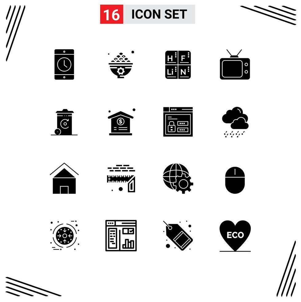 Solid Glyph Pack of 16 Universal Symbols of bin tv lunch television elements Editable Vector Design Elements