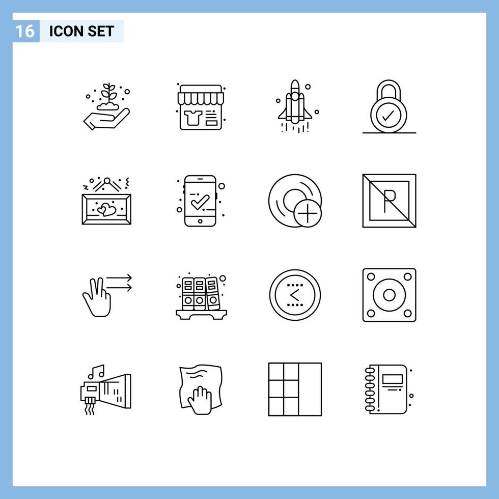 Set of 16 Modern UI Icons Symbols Signs for heart board launch security lock Editable Vector Design Elements