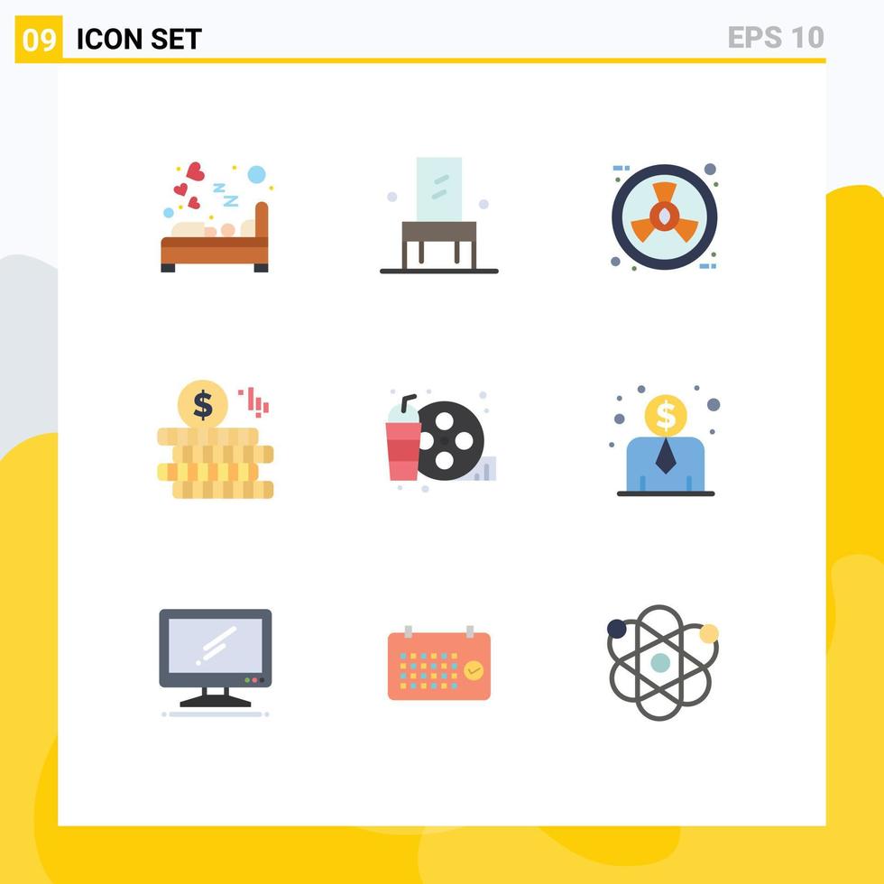 Set of 9 Vector Flat Colors on Grid for drink doller seat coin nature Editable Vector Design Elements