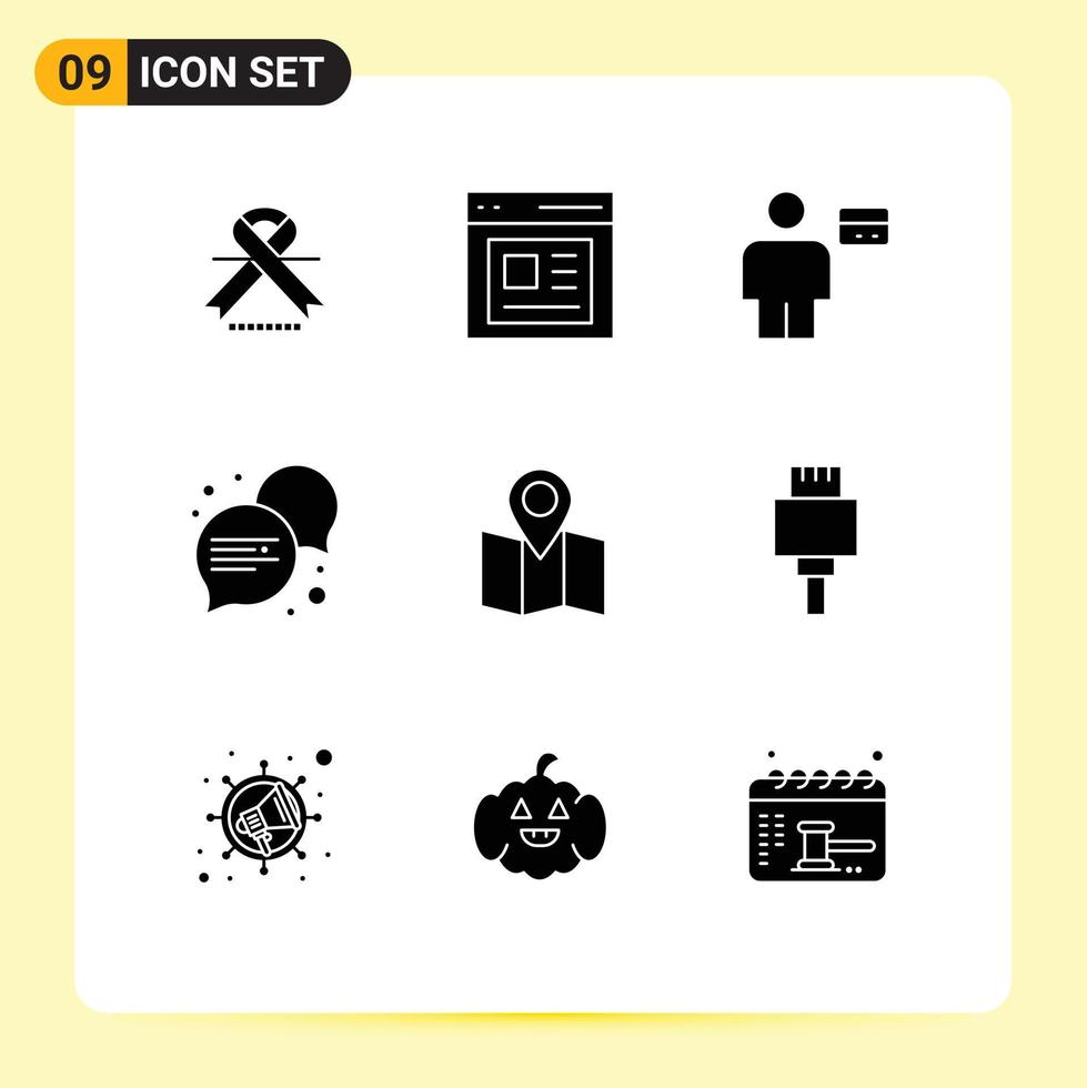 Group of 9 Solid Glyphs Signs and Symbols for map dialogue avatar conversation debit Editable Vector Design Elements