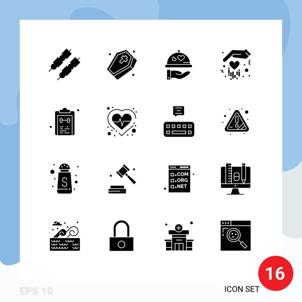 Universal Icon Symbols Group of 16 Modern Solid Glyphs of notepad list love check hand Editable Vector Design Elements