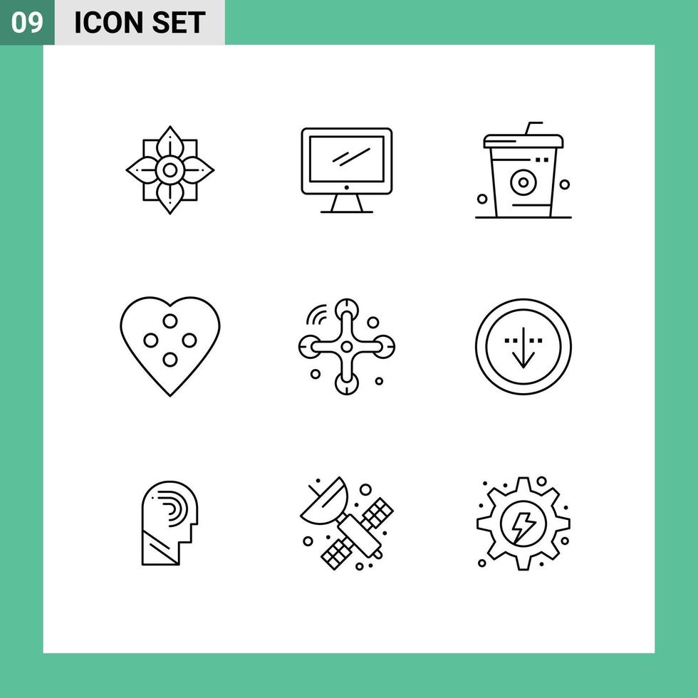 Set of 9 Vector Outlines on Grid for heart button dress button pc button food Editable Vector Design Elements