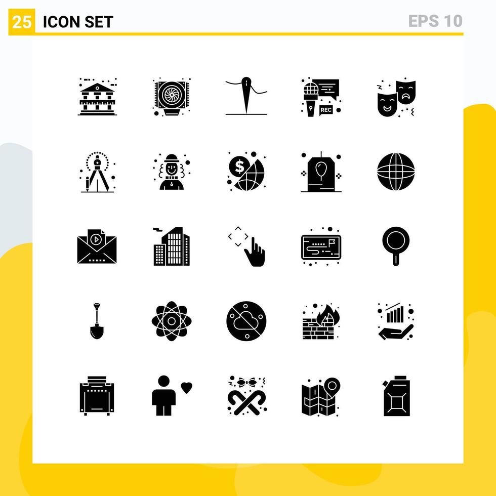 Group of 25 Modern Solid Glyphs Set for drama expression sew face program Editable Vector Design Elements