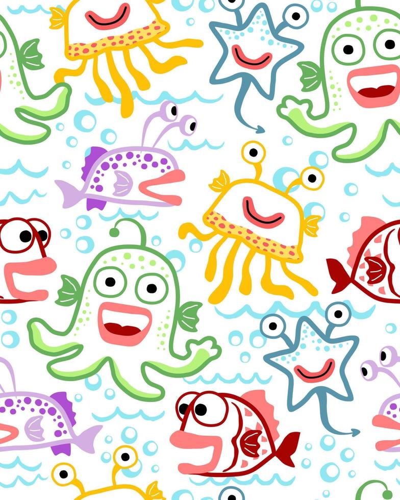 Seamless pattern vector with underwater doodle monsters cartoon