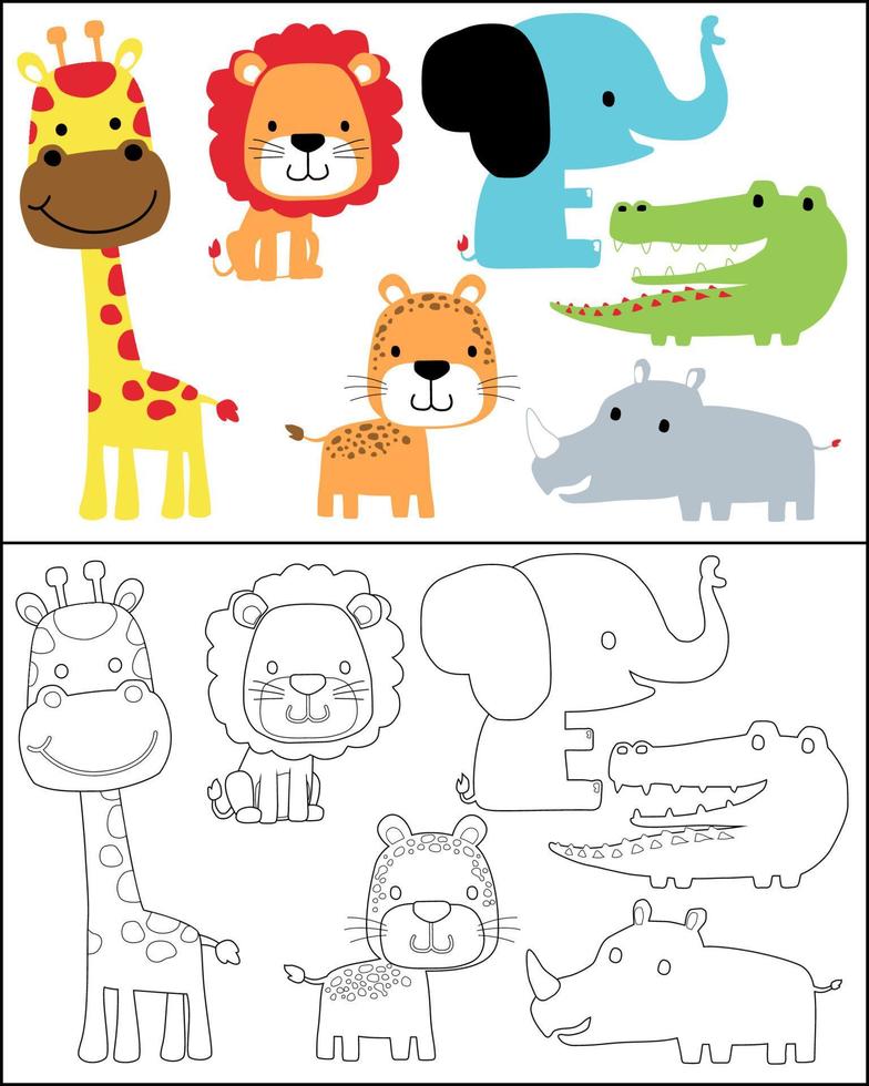 conjunto vectorial de dibujos animados de animales de safari, libro para colorear o página vector