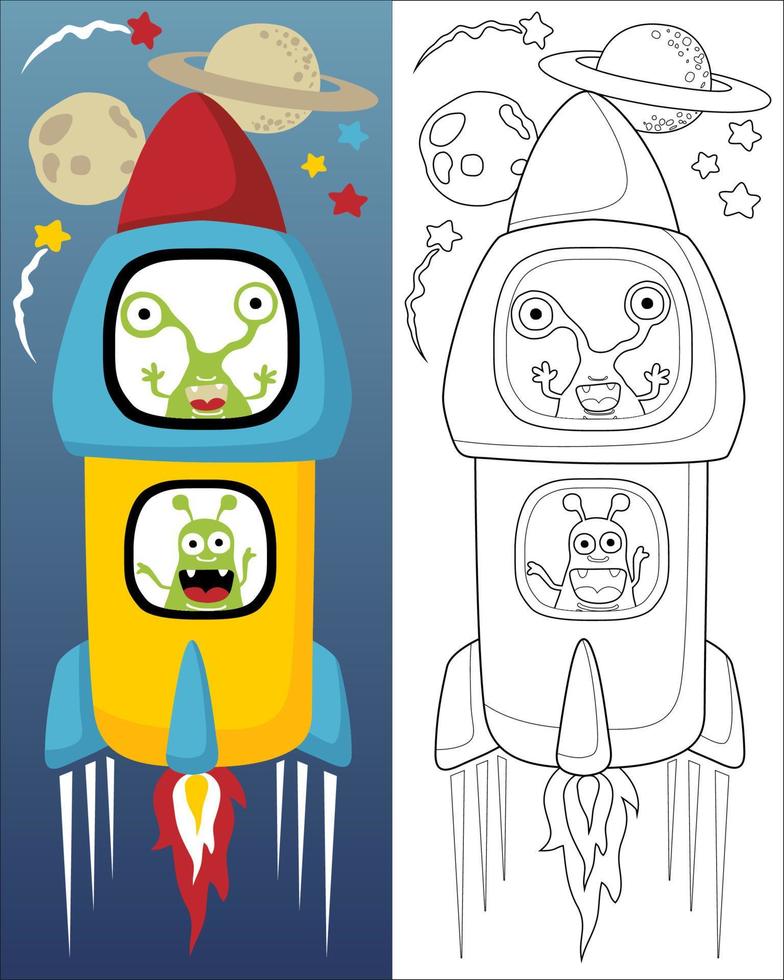 ilustración vectorial de dibujos animados de extraterrestres en cohetes en el fondo de los planetas, libro de colorear o página para niños vector