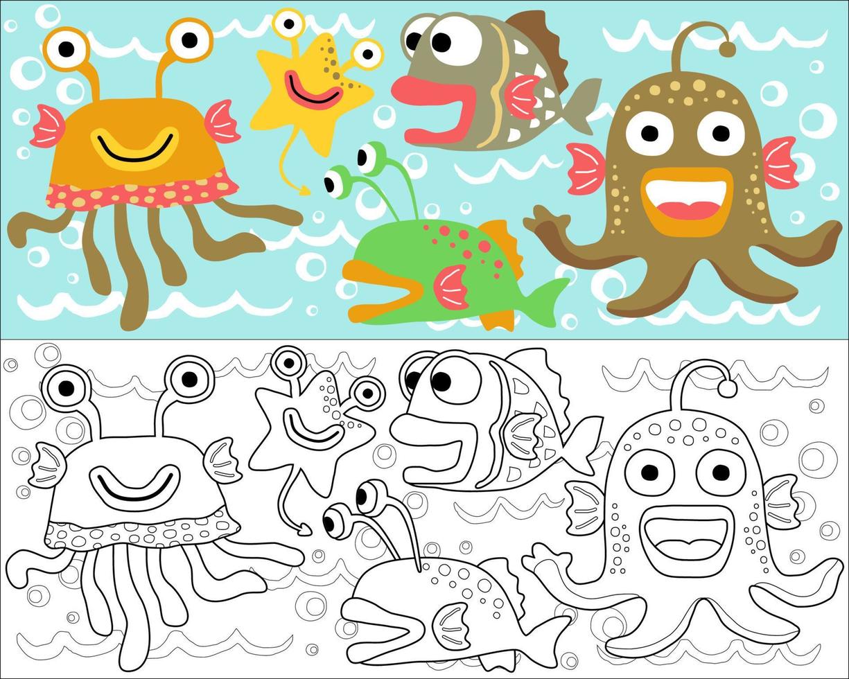 Vector illustration of sea monsters cartoon, coloring book or page