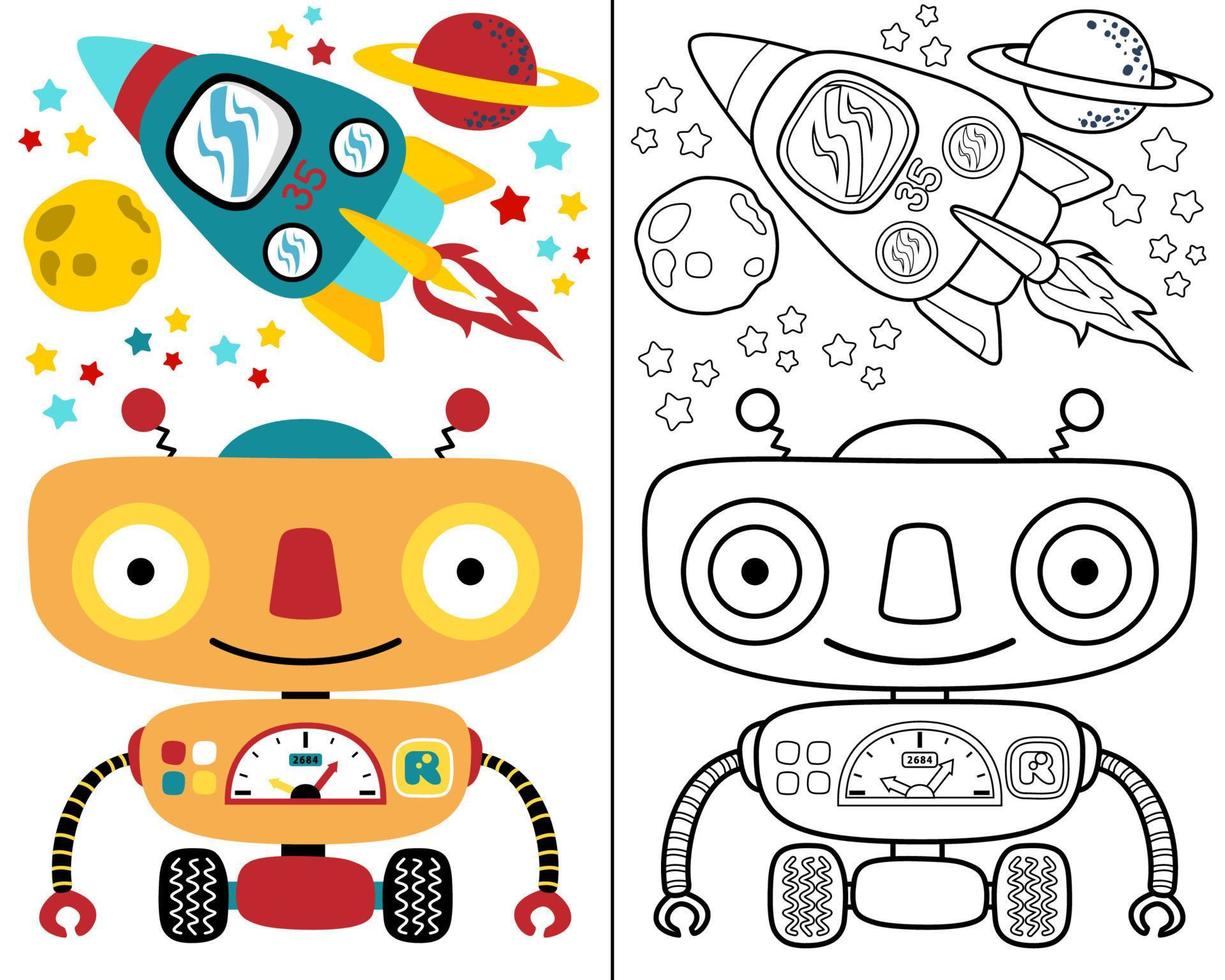 Vector illustration of little robot cartoon with rocket and planets, coloring book or page