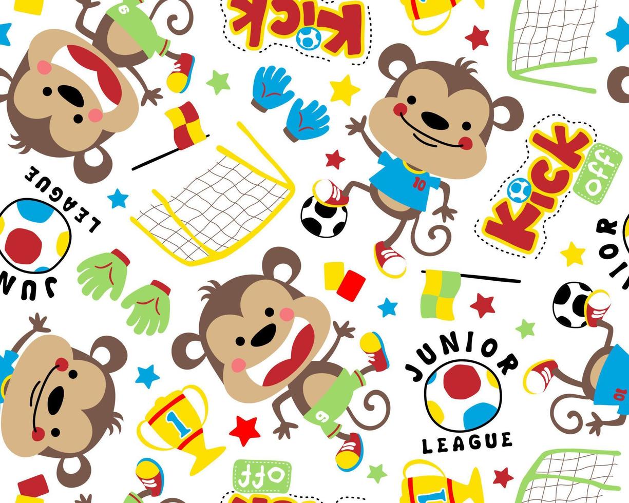 patrón vectorial sin costuras de divertidos dibujos animados de monos con elementos de fútbol vector