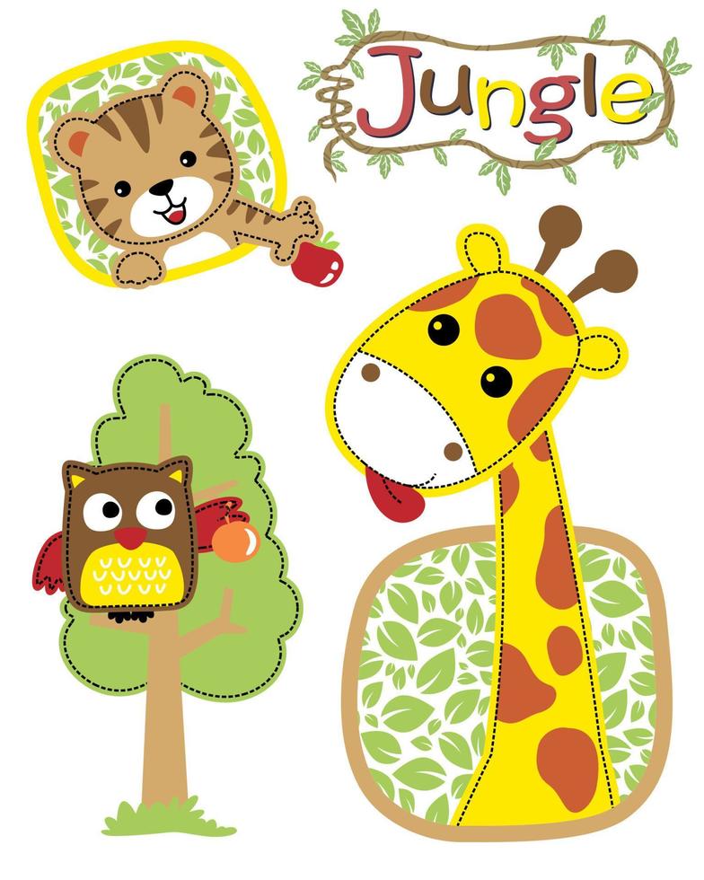 Vector illustration of jungle animals cartoon. Giraffe, tiger and owl perch on tree