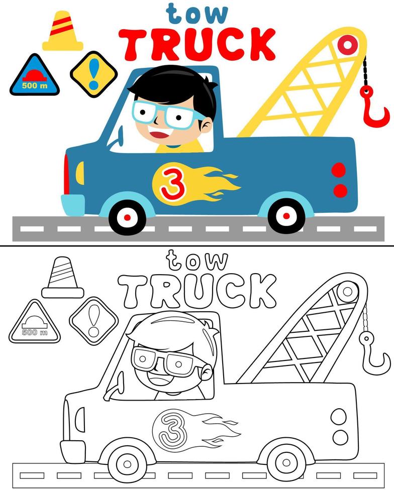 ilustración vectorial de dibujos animados de niño pequeño conduciendo camión de remolque en la carretera con señales de tráfico, libro de colorear o página vector