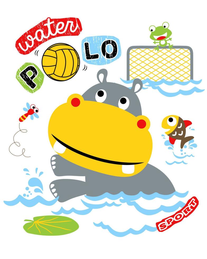 caricatura de hipopótamo jugando waterpolo con rana, pez y libélula vector