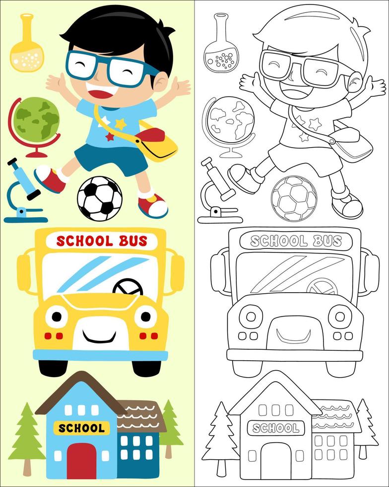 Vector illustration of happy student cartoon with schools elements. Coloring book or page for kids