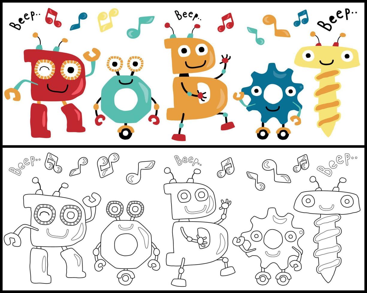 Vector set of robots alphabet cartoon, coloring book or page