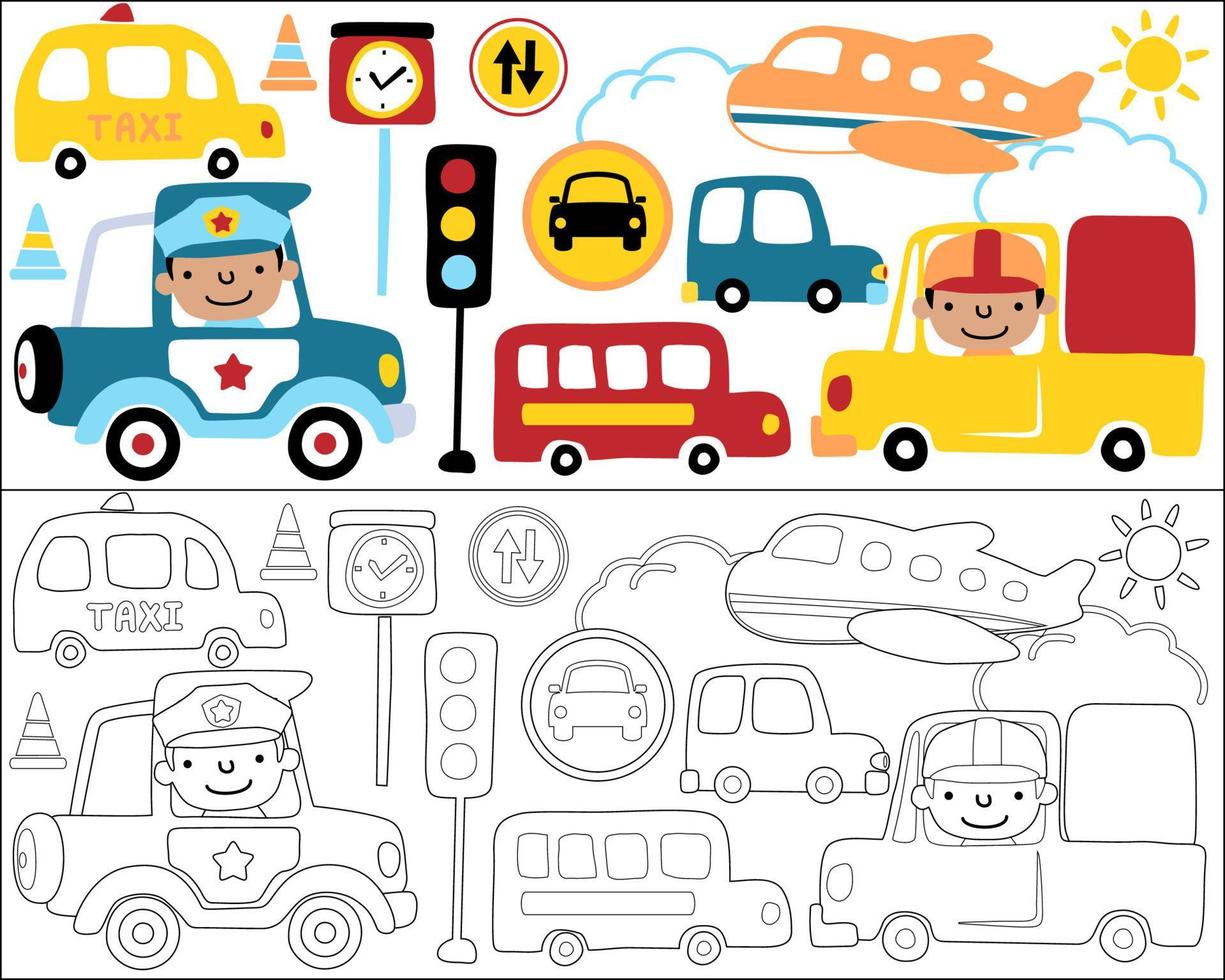 Vector set of traffic elements cartoon with funny driver, coloring book or page