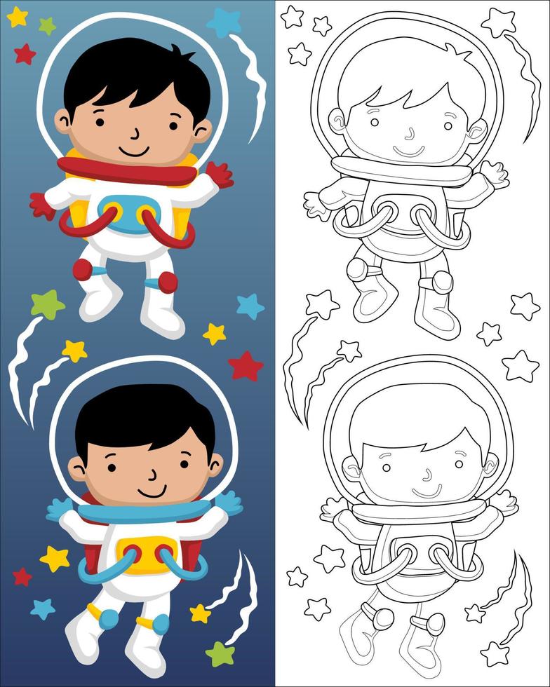 Vector illustration of astronauts cartoon character, coloring book or page