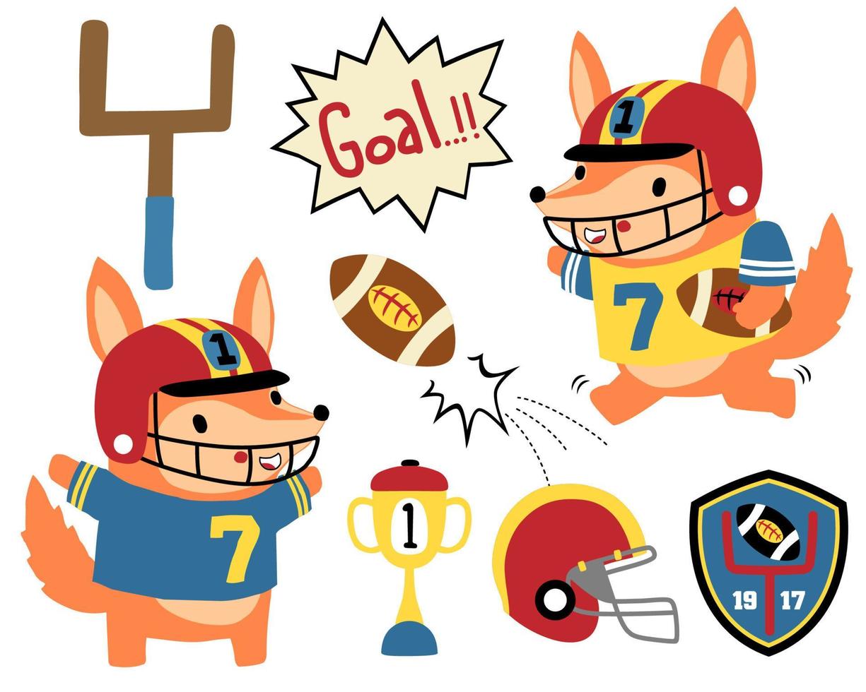 Vector set of cartoon fox in rugby player costume, rugby elements illustration