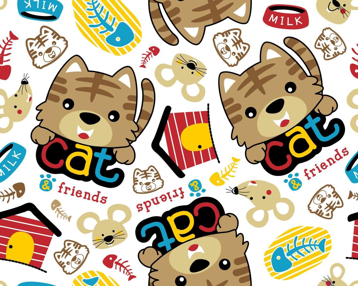 Vector seamless pattern of nice kitten cartoon and mouse with kitten's house, fishbone.