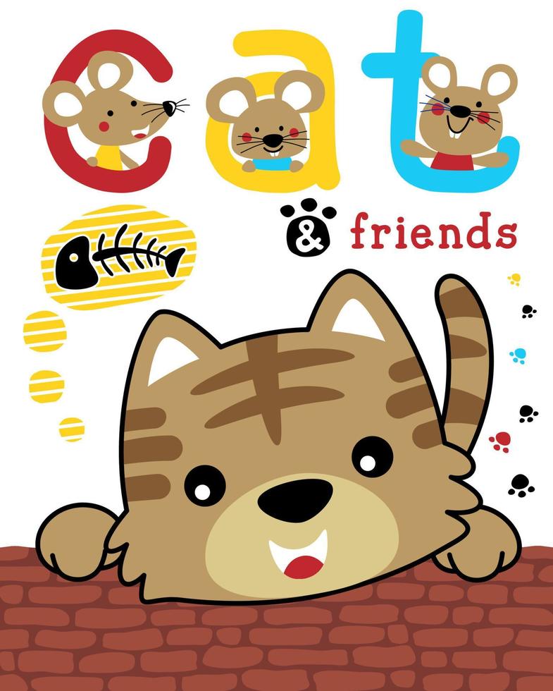 Vector illustration of cute kitten with three mice